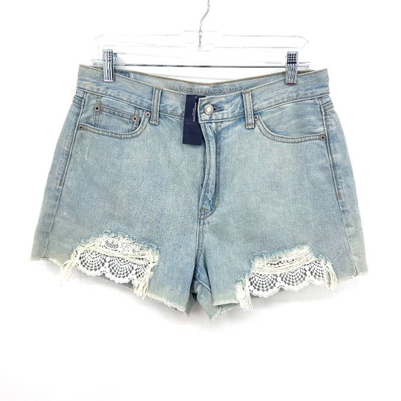 American Eagle Outfitters Pants - AMERICAN EAGLE Blue Denim High Rise Lace Distressed Jean Shorts Size 10